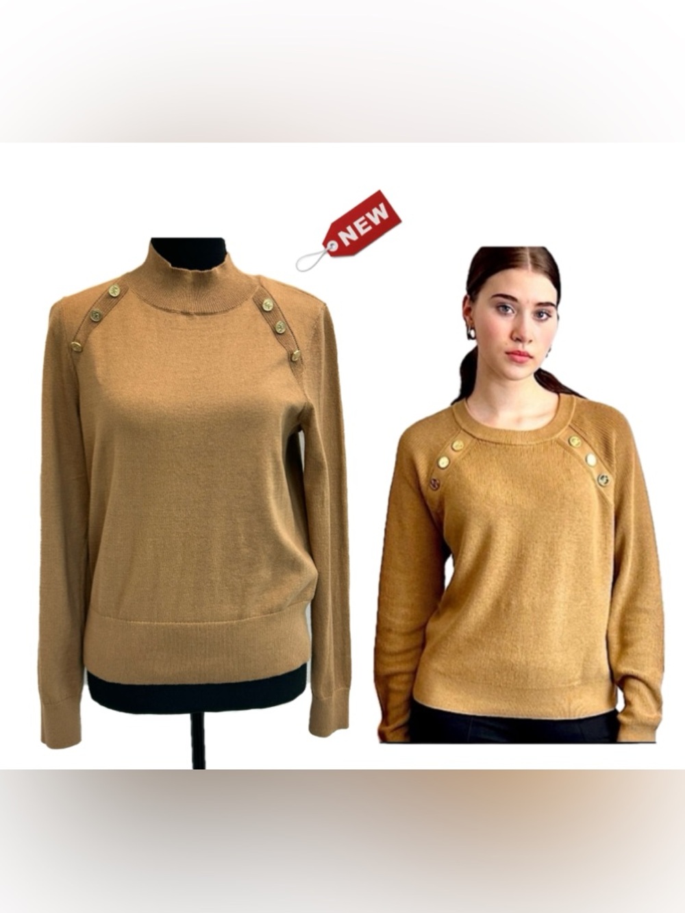 Michael Michael Kors raglan camel brown gold button accents on the shoulder Sz M